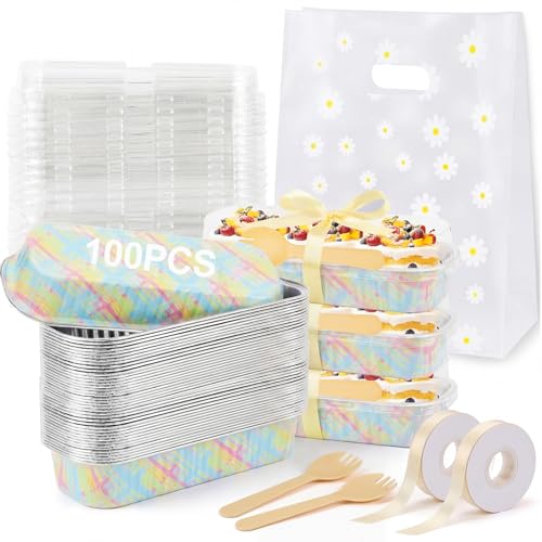 Hushee 100 Pack 6.8oz Mini Loaf Pans with Lids Disposable Cross Cake Tins