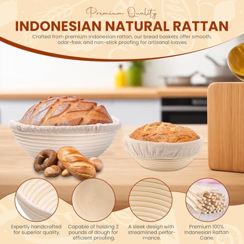 Banneton Bread Proofing Basket, 2 Pack 9-Inch Round Sourdough Proofing Baskets With Linen Liner for Bread Baking, Round Rattan Dough Rising Bowl for Homemade Artisan Loaves - style: Round Basket