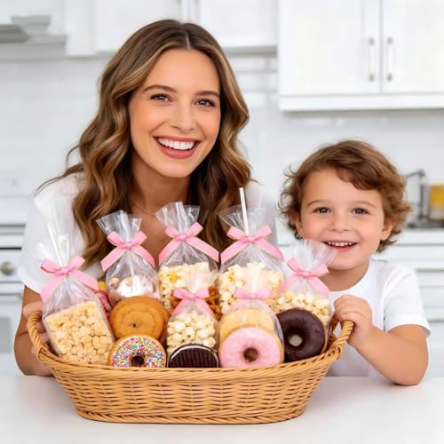 50pcs 4"x6"Clear Rice Krispie Treat Bags with Sticks and Ties Bows - color: Pink