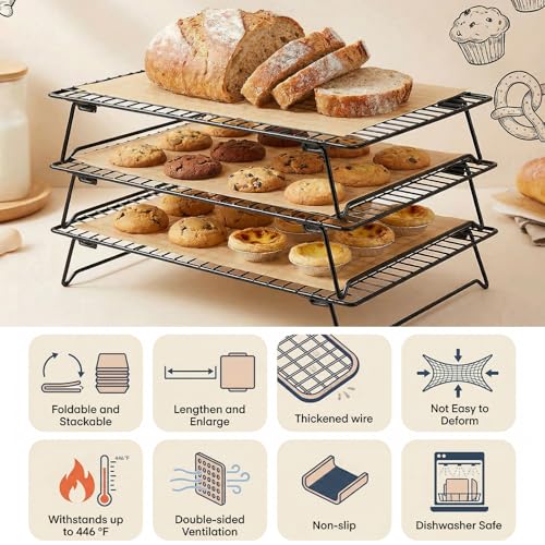 3-Tier Stackable Cooling Rack for Cooking and Baking, 17" x 11" Large Black Wire Cooling Rack, Foldable & Heavy Duty Cookie Cooling Rack, Oven Safe Baking Rack