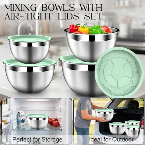 DUTZUN Mixing Bowls with Lids Set, Stainless Steel Mixing Bowl Set with Colander, Strainer with Bowls - Pistachio - size: 9PCS Green