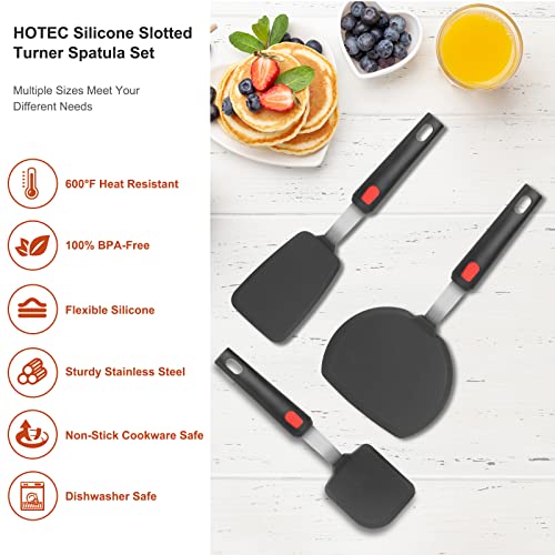 Hotec Silicone Spatula Turner for Nonstick Cookware, Cooking Spatulas 600°F Heat Resistant Large Flexible Rubber Spatula Set of 3, Kitchen Utensils for Flipping Eggs, Burgers, Pancakes, Crepes - color: Black-B