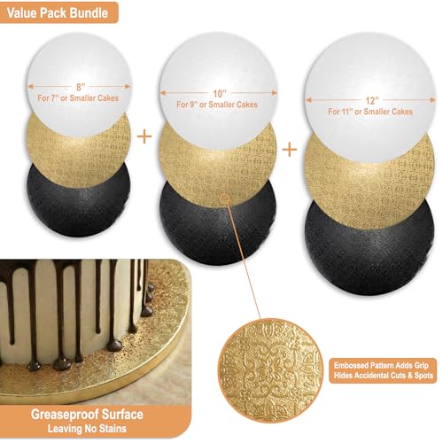 0.5" Cake Drums 8, 10 & 12 Inch (9 Pack) in White, Gold & Black Color Set - color: White + Gold + Black