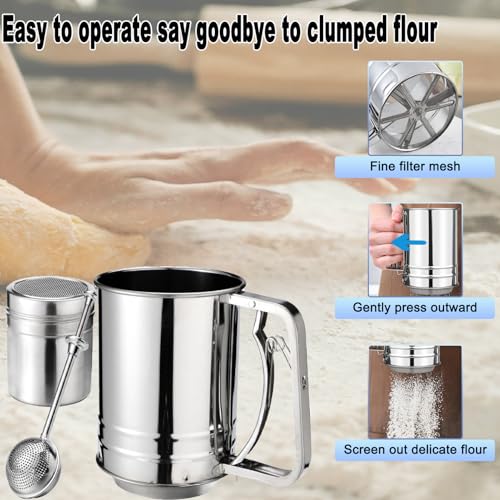 Flour Sifter, Stainless Steel 3 Cup Flour Sifters for Baking, 3 in1 Sifter for Baking with Powdered Sugar Shaker Duster and Flour for Baking Cakes, Pies, Pastries, Desserts and Cupcakes
