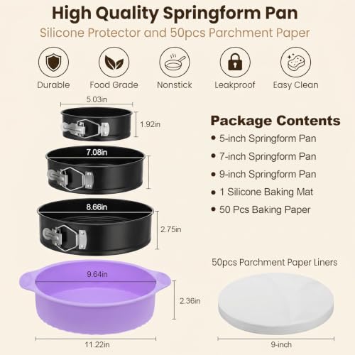 3 Pcs Springform Pan Set, 5 7 9 Inch Nonstick Spring Form Pan, Leakproof Cheesecake Pan with Silicone Protector & 50Pcs Parchment Paper, Removable Bottom Cake Baking Pans for Home Restaurant Bakery