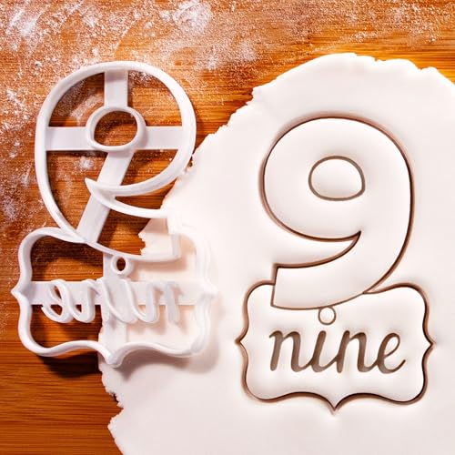 BAKERLOGY Number 9 Cookie Cutter – “Nine” Embossed Design for – Baking Stamp for 9th Birthday Cakes, Anniversary Cupcakes, Age-Themed Cookies, and Party Decorations