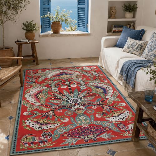Peony Area Rug 4x6 Washable Accent Rug - color: Red Peony 02, size: 4' x 6' (Rectangular)
