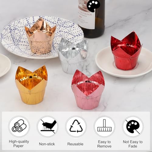 uxcell 100 Pcs Tulip Cupcake Liners, Muffins Liners Aluminum Foil Cupcake Wrappers Baking Cups Muffins Liners for Wedding Birthday Party Supplies, Red/Rose Gold - color: Red/Rose Gold