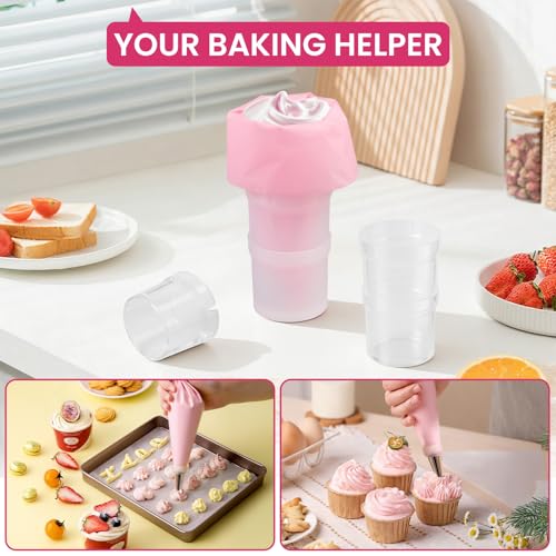 Piping Bag Holder Stand, Clear Cream Icing Bag Holder with 2 Pack 14 Inch Reusable Piping Bags, 5Pcs Pastry Bag Ties, 1 Couplers and 6 Tip for Home Bakers & Professional Chefs