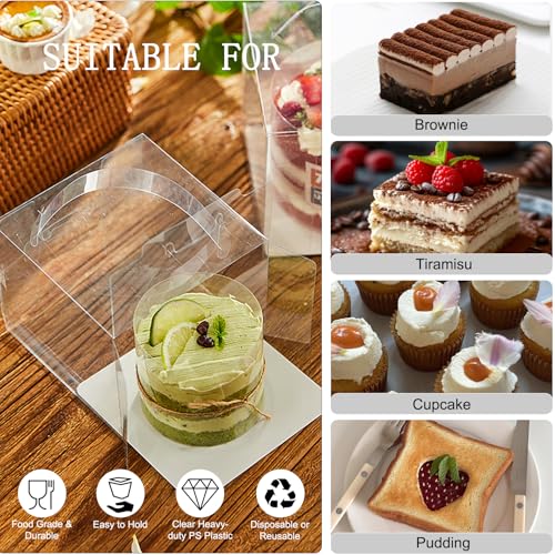 30pcs Transparent Bakery Boxes With Ribbon,Knives and Forks, Clear Cake Box, Plastic Cake Carrier with Lid and Handle Transparent Gift Favor Box Cupcake Treat Boxes for Party (Clear, 6*6*5 in-30pcs) - size: 6*6*5 in-30pcs