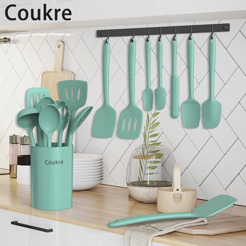 Coukre Silicone Kitchen Cooking Utensils Set, Heat Resistant, 14-Piece - color: PureAquaGreen
