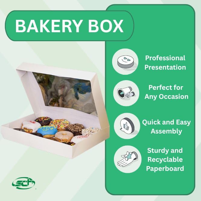 SCT White Window Bakery Box (12 Pack) 16x12x2.5, Auto Pop-Up Containers for Cake, 16 inch Bakery Pack, Cookie Box with Window, Disposable Donut Box, 24543-12