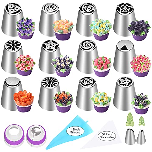 Russian Piping Tips Set, 47 Pcs Flower Cake Decorating Kit with Icing Bags - color: Flower