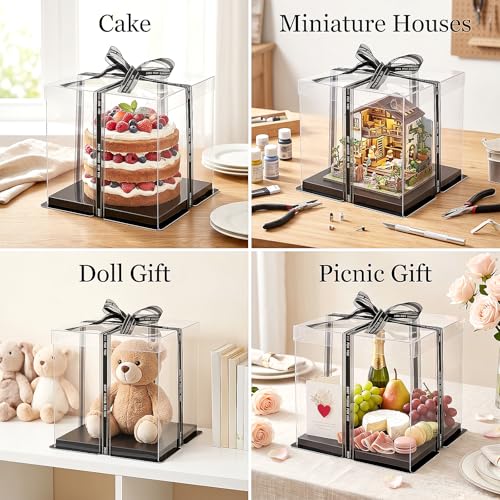 Cididu 6 Pack Clear Cake Box with Ribbon, 2-Layer Tall Cake Carrier Box, Packaging Boxes 10x10x9 Inch, PET Clear Gift Box with Lid, Transparent Cake Containers for Mother's Day Birthday Party Wedding