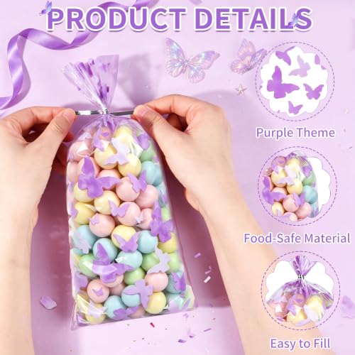 ZYLOP 50 Pcs Purple Butterfly Cellophane Goodie Bags, Plastic Candy Treat Bags with 60 Pcs Silver Twist Ties for Butterfly Theme Baby Shower Birthday Party, Spring Easter Dessert Cookie Gift Bags - color: Purple 50pcs