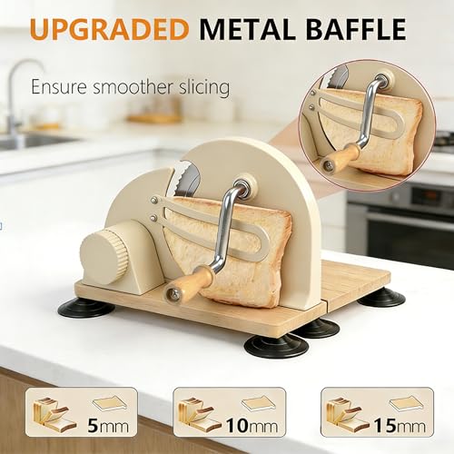 Manual Bread Slicer for Sourdough Bread, Adjustable Thickness Foldable Bread Cutter with Hand Crank, Stainless Steel Blade Bread Slicer (Off-White, Machine)