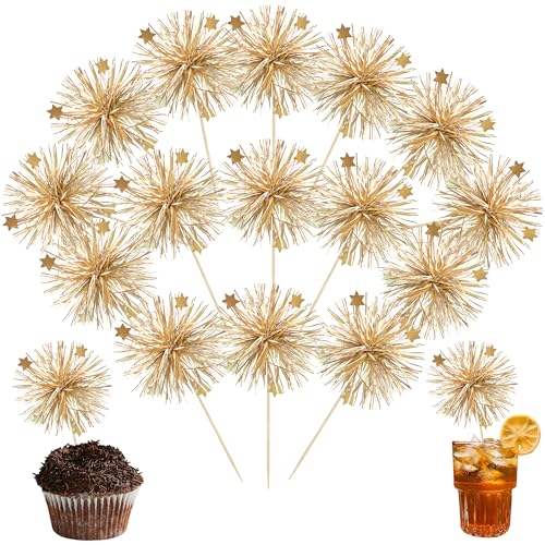 Ephlyn 30Pcs Foil Firework Cupcake Toppers Party Birthday Cake Toppers Supplies Sparkle Tinsel Cocktail Fruit Toothpick for Birthday Wedding Graduation Party Supplies Gold - color: Gold, style: Style 1