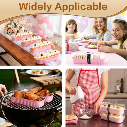 50 Pack Mini Cake Pans with Lids and Spoons, Mini Loaf Baking Pans 6.8oz, Small Disposable Aluminum Foil Loaf Pans, Rectangular Baking Containers for Party and Picnics, Cheesecake Pans (Pink) - color: Pink