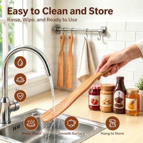 Spurtle for Sourdough Starter, Dough Mixing, Reaching Jar Bottom, High Moisture Resistant Natural Teak Wood, Wooden Bread Making Tool for Non-Stick Cookware