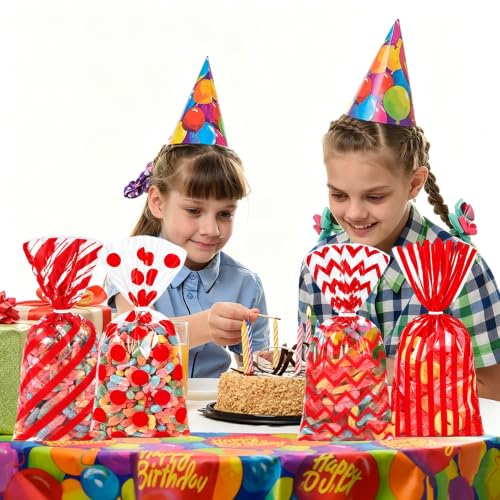 Capesaro 50 Pieces 10.6 x 5.1 In Red Cellophane Treat Bags Candy Gift Bag with Twist Ties Stripes Polka Dot Printed Pattern Goodie Bag for Birthday Weddings Party - color: Red-10.8'' x 5''