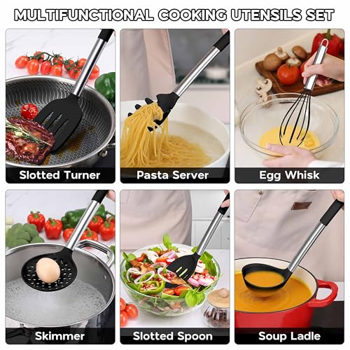 Onader Silicone Kitchen Utensils Set of 10, Cooking Utensils with Holder and Heat Resistant Stainless Steel Handle for Nonstick Cookware - Black - color: Black