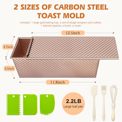 2.2lb Pullman Loaf Pan with Lid, Nonstick Carbon Steel Square Bread Pan for Baking Shokupan, Sandwich, Pain de Mie & Sourdough – Includes 6 Bonus Tools - color: Gold, size: 2.2LB (Single)