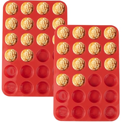 24 Cups Silicone Mini Muffin Pan Set, Nonstick Mini Cupcake Pans, BPA Free Small Muffin Tin for Baking, Set of 2 (Red+Red) - color: Set of 2--24 Cups (Red+Red)