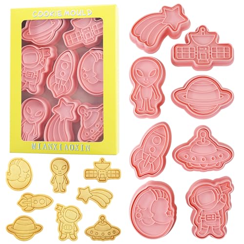 Space Cookie Cutters 8Pcs 3D Astronaut Rocket Cookie Molds for Party Baking - color: Space