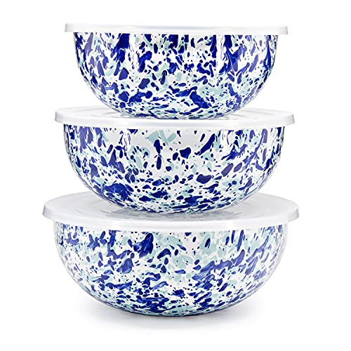 Golden Rabbit Enamelware Nested Mixing Bowls with Lids, Set of 3, Ocean - color: Ocean