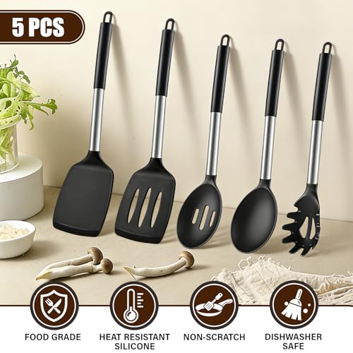 5Pcs Silicone Cooking Utensils Set, Heat Resistant Kitchen Tools Include Solid&Slotted Spatula, Cooking Spoon and Pasta Server, Silicone Kitchen Utensils set for Nonstick Cookware Flipping, Black - color: Black