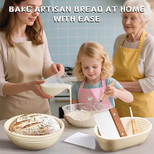 Dimpola Banneton Bread Proofing Basket Banneton Basket Set Sourdough Proofing Basket Round Proofing Bowls Handmade Rattan Baskets and Liners (Round of 1 Gift Set) - style: Round of 1 Gift Set