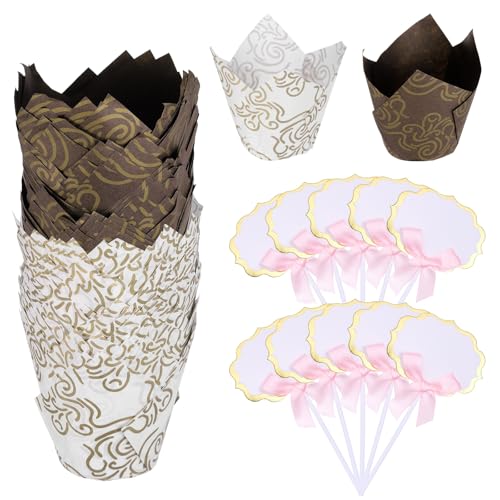 uxcell 100Pcs Tulip Cupcake Liners with 10Pcs Cheese Markers Muffins Liners - color: Brown/White Gold
