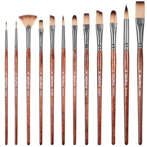 Nicpro 12pcs Paint Brush Set,Craft Paint Brushes for Acrylic & Oil Painting - color: Reddish Brown