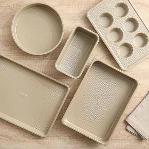Oster Verlice 5 Piece Carbon Steel Baking Pans Bakeware Set W/Premium PFA Free Nonstick - Champagne Gold - color: Champagne Gold, size: 5-Piece Bakeware Set