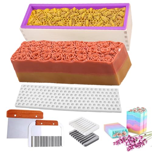 Loaf Soap Making Kit, 44oz Silicone Soap Making Liner Wood Box with Beehive & Hexagon & Rose Mat Creative Honeycomb Mat Mold for DIY Soap Making (Purple & Pink) (Purple Mold-Rose) - color: Purple Mold-Rose
