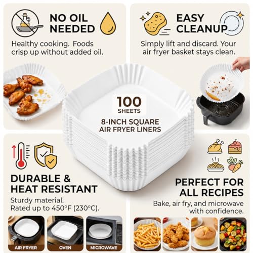 Air Fryer Liners 100 Count, Square Parchment Paper Liner 8 Inch, Non Stick Bake Paper, Disposable Oil Proof Heat Resistant Easy Cleanup for Air Fryer Basket, Oven Microwave Baking, White Square - color: 8" Square White