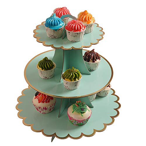 YLDW Cupcake Stand with Lace Trim, 3-Tier Cupcake Stand Display, Cardboard Cup Cake Tower Stand, Disposable Dessert Stand for Birthday Tea Party Baby Shower Treat Decorations, Mint Green - color: Mint Green