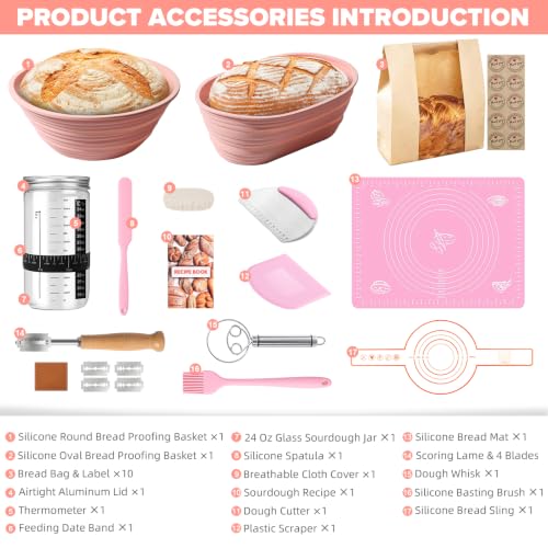 RYTOXILO Sourdough Starter Kit, 15 Pcs Sour Dough Bread Baking Supplies for Beginners with 24 Oz Glass Starter Jar, Complete Bread Making Set with Silicone Banneton Proofing Basket, Baking Accessory