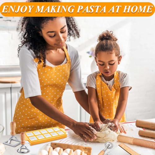 Pasta Making Tools, 10 Piece Wood Pasta Making Kit with 3 Rolling Pins, 1 Gnocchi Board, 1 Dough Cutter, 1 Ravioli Cutter, 1 Ravioli Maker, 2 Pasta Stamps, 1 Baking Mat, Ravioli Pasta Set for Kitchen - color: 10 Piece