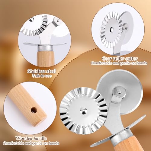 Pastry Cutter Double Wheel, Stainless Steel Ravioli Pasta Cutter Tool with Wooden Handle Professional Kitchen Baking Tool for Pasta Cookies Pie