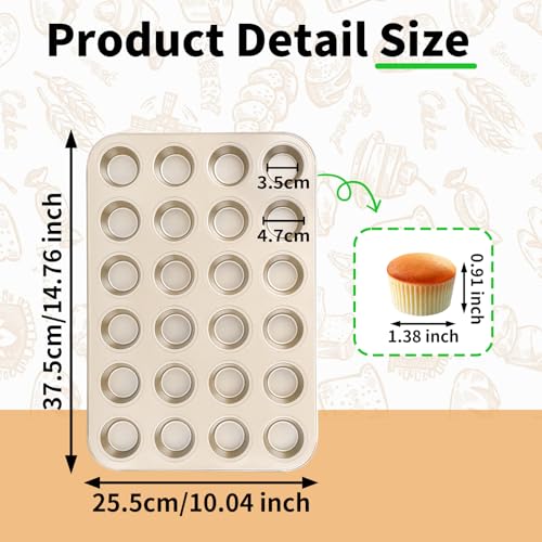 Beasea Nonstick Mini Muffin Pan 24 Cups, 2 Pack 24 Mini Small Tiny Cup Non Stick Muffin Baking Pan Tin Tray Carbon Steel Bakeware Individual Cupcake Baking Pan - Gold - color: Gold Muffin Mini 24 Cup