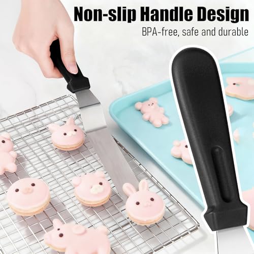 Bestac Stainless Steel Cake Spatula Set - 6&8 Inch Flanged Edge Angled Offset Non-Slip Handle 2-Piece Ideal for Cake Frosting/Decorating Home Baking & Bakery (Black)