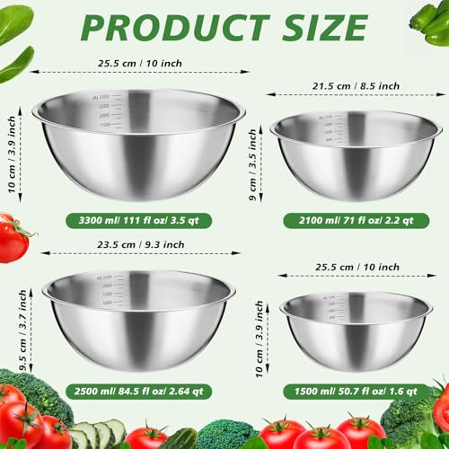 Honeydak 8 Pack Stainless Steel Mixing Bowls 1.3, 1.7, 2.6, and 3.2 Qt - size: 1.3, 1.7, 2.6, and 3.2 Qt