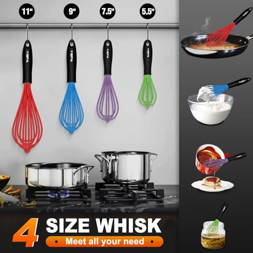Walfos Whisk, Silicone Whisk Heat Resistant (480°F) Kitchen Whisks Set of 4- Professional Whisks For Cooking Non Scratch, Balloon Egg Whisk Perfect for Frothing, Blending, Beating - color: 4pcs Colorful;5+7+9+11in