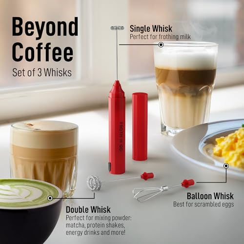 Zulay Froth N Go Milk Frother – Rechargeable 3-in-1 Handheld Frother Wand with Travel Case & USB-C Charger – Single, Double & Egg Whisk for Latte, Cappuccino, Matcha, Protein Shakes - Ember Red - color: Ember Red, size: Rechargeable Frother
