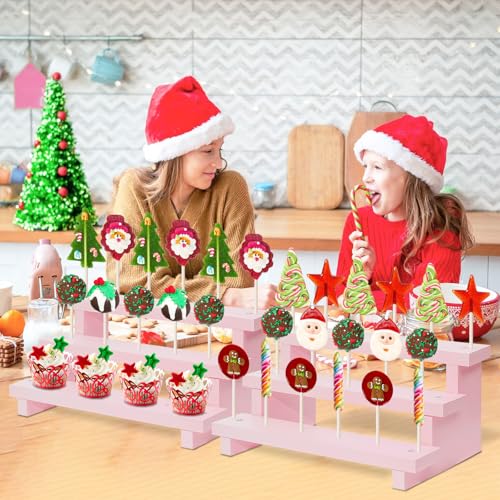 Wood Cake Pop Stands, 3 Tier Lollipop Holders with Twist Ties Lollipop Sticks, Sucker Display Riser for Dessert Table of Wedding Birthday Party (Pink-2P-17 Hole) - color: Pink-2P-17 Hole