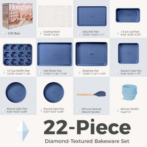 HONGBAKE 22-Piece Baking Pans Set Nonstick, Stackable Non Toxic Bakeware Sets with Diamond Texture, Oven Pan Set for Cooking, Includes Cookie Sheet with Rack, Cake Pan, Roasting Pan, Muffin Tin, Blue - color: Sapphire Blue