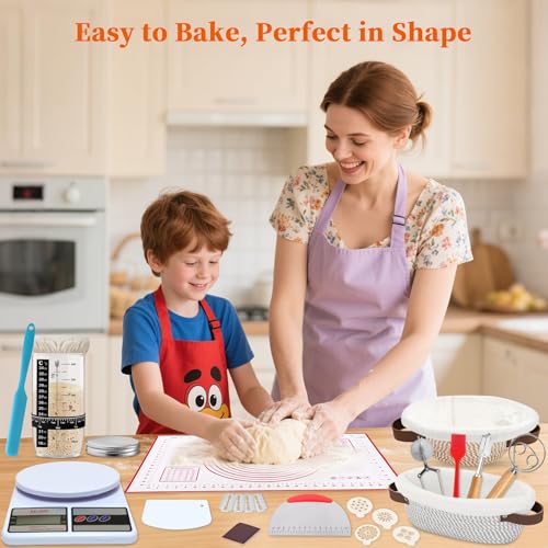 Aliggbent 38Pcs Sourdough Bread Baking Supplies – 11'' Oval & 10'' Round Cotton Rope Banneton Bread Proofing Baskets with Liners & Covers, Sourdough Starter Jar Kit, Scale, Bags & Bread Making Tools - size: 11'' 38Pcs Set