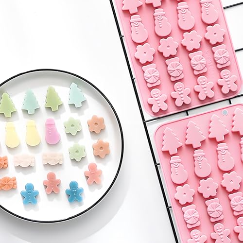 Christmas Silicone Candy Molds, Holiday Shapes with Snowman, Tree, Gingerbread Man, 2-Pack, Pink - color: QY297