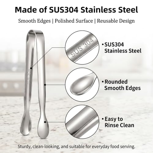 Mini Tongs Set of 4, 4.25" Silver Stainless Steel for Sugar Cubes & Ice